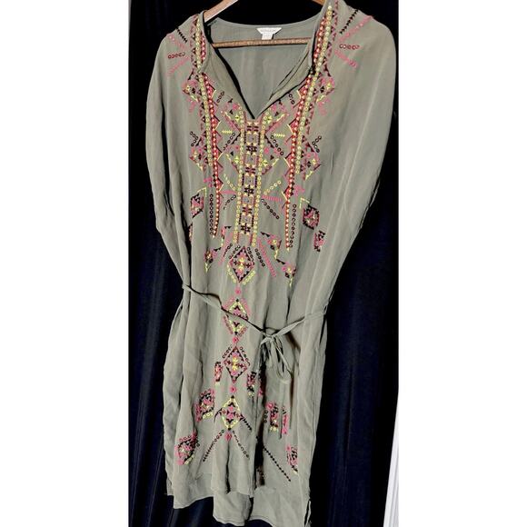 Monsoon embroidered Dress Boho Festival Cottage Shift Olive Fairy Tie 8 - Picture 1 of 8